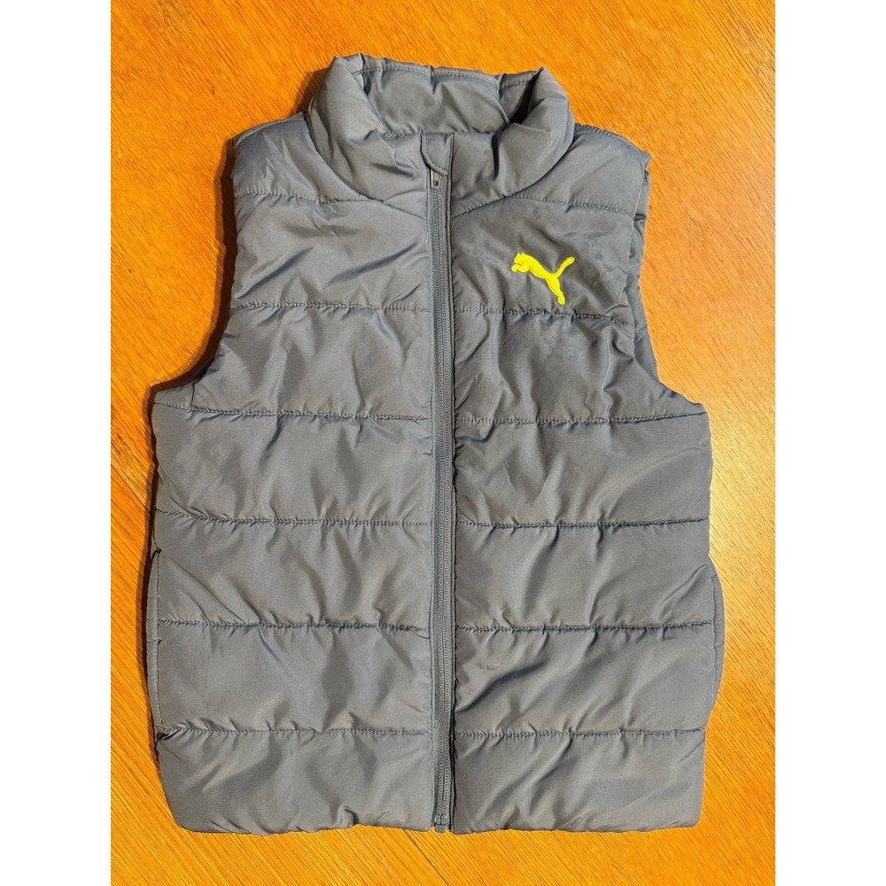 Puma Full Zip Puffer Vest Gray Neon Green Logo Size Youth XS 5/6